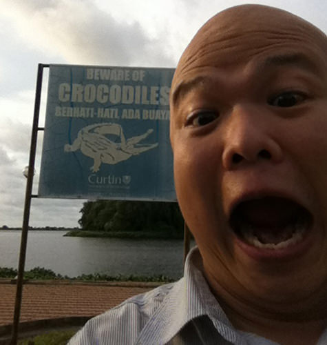 Just Jezza #3 by Jeremy Chin - Selfie With Beware of Crocodile Sign, Curtin University Campus